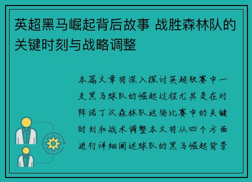 英超黑马崛起背后故事 战胜森林队的关键时刻与战略调整