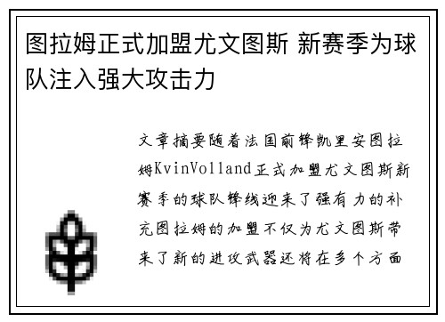 图拉姆正式加盟尤文图斯 新赛季为球队注入强大攻击力